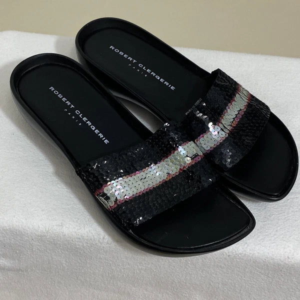 Robert Clergerie Paris Sandals Women's 7 Black Leather Multi Sequin Platform