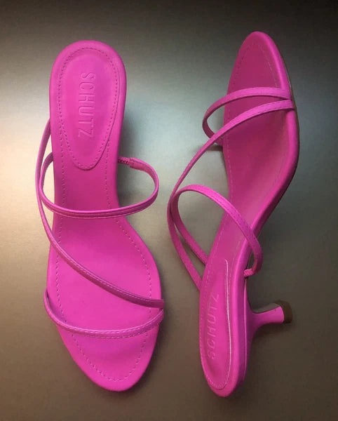 NIB SCHUTZ Evenise Napa Leather Kitten Heel Strappy Sandals In Neon Pink 7.5 (7?