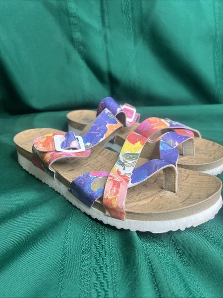 Toe Thong W/ Burke Style Wide Straps And Buckle Floral White Sole Sz 10