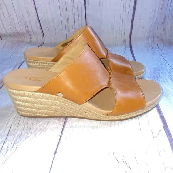 UGG Eirene Wedge Espadrille Slide Sandals Tan Brown Leather Womens 10