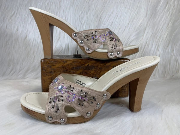 Paris Blues Slides Sandals Champagne Beaded Wm’s Size 10 Adalia-21 #754300