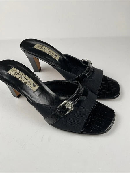 BRIGHTON Shoes Women's Size Black Heart Buckle Strap RENEE Heels Sandals 8.5M