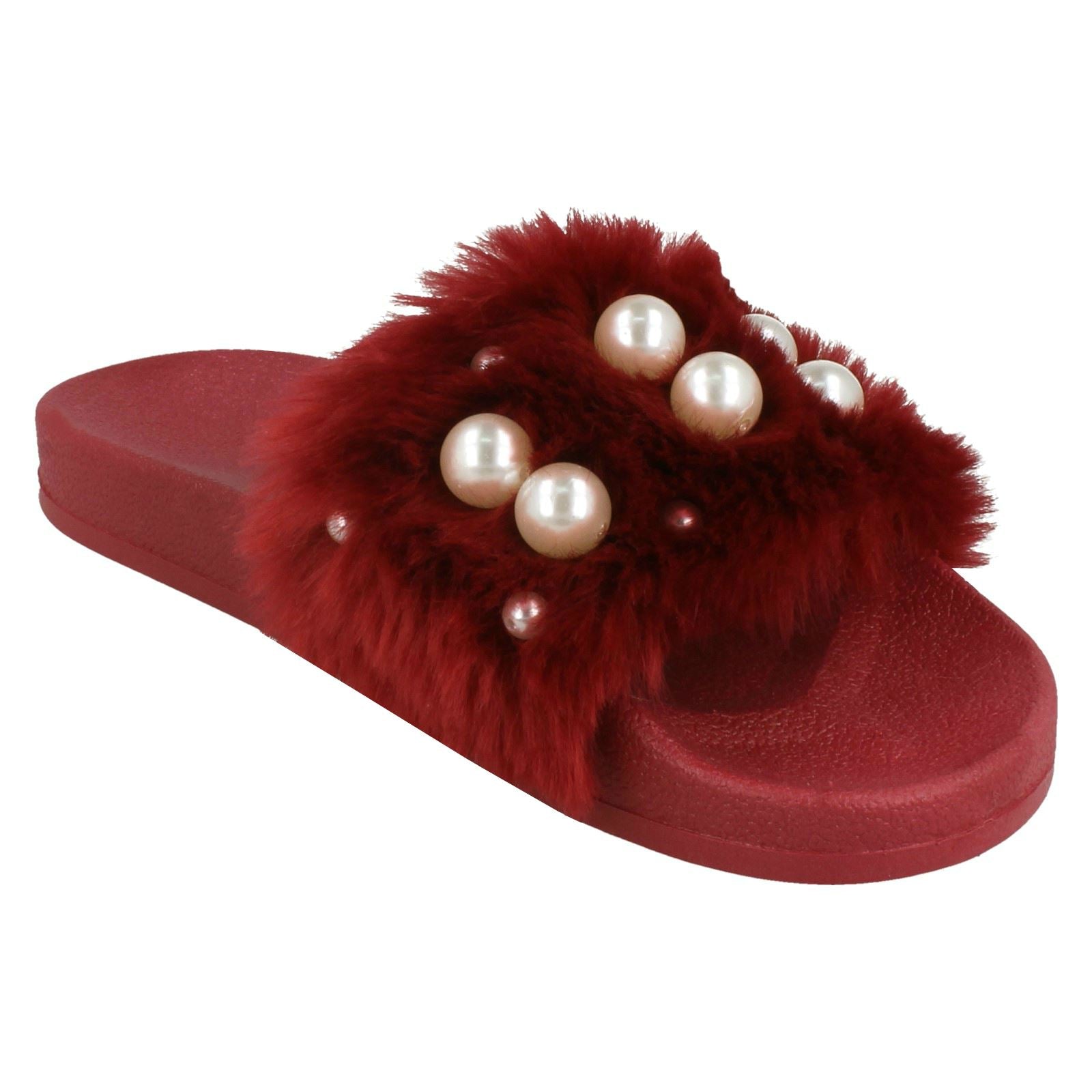 Ladies Spot On Pearl Trim Faux Fur Slider Style Sandals