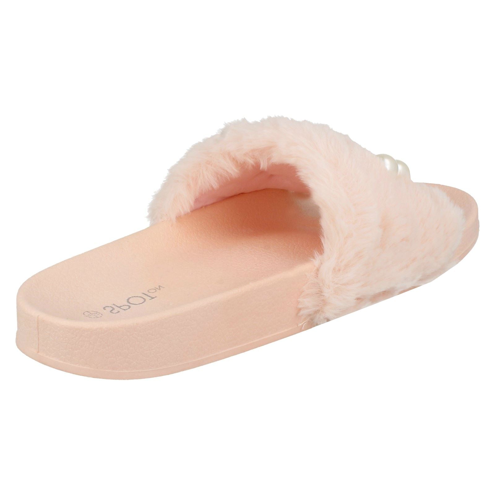 Ladies Spot On Pearl Trim Faux Fur Slider Style Sandals