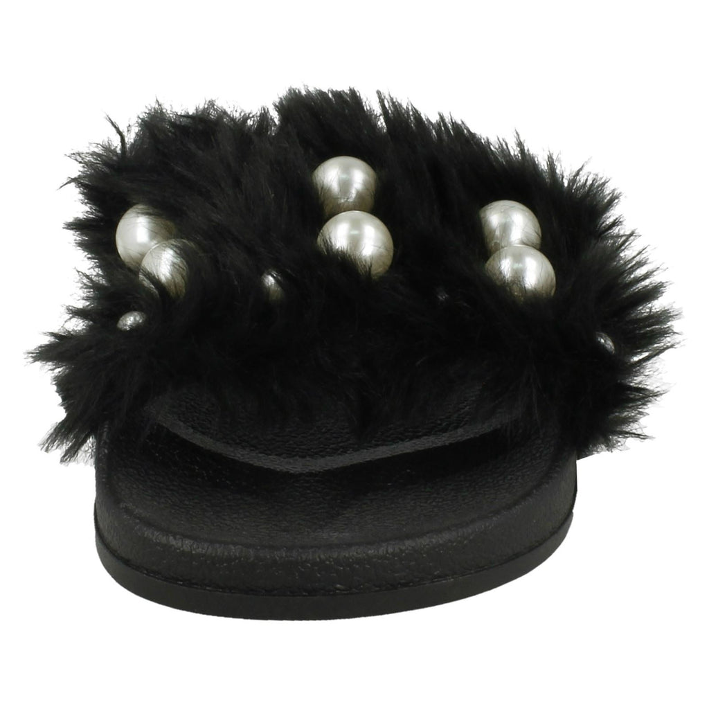 Ladies Spot On Pearl Trim Faux Fur Slider Style Sandals