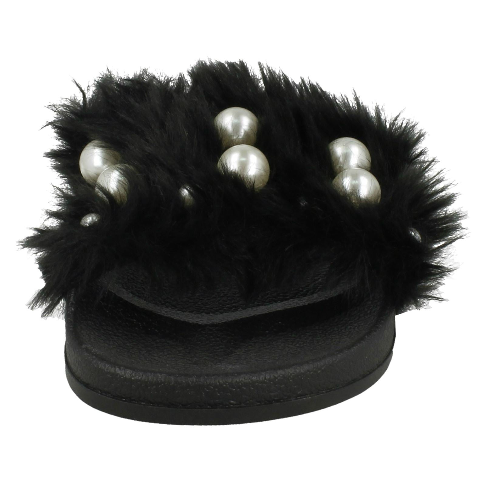 Ladies Spot On Pearl Trim Faux Fur Slider Style Sandals