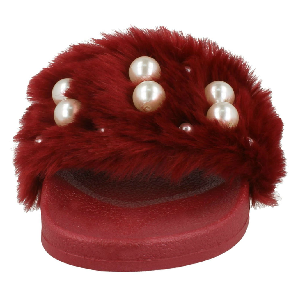 Ladies Spot On Pearl Trim Faux Fur Slider Style Sandals