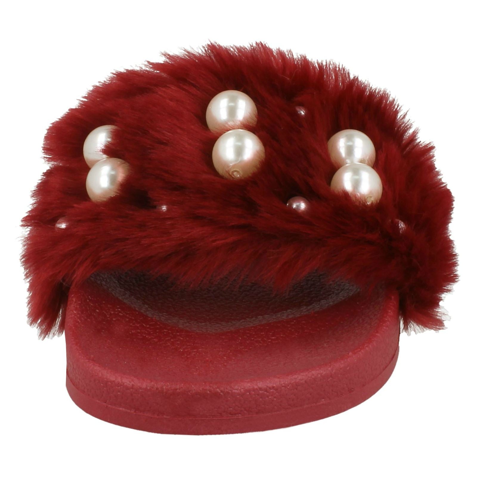 Ladies Spot On Pearl Trim Faux Fur Slider Style Sandals