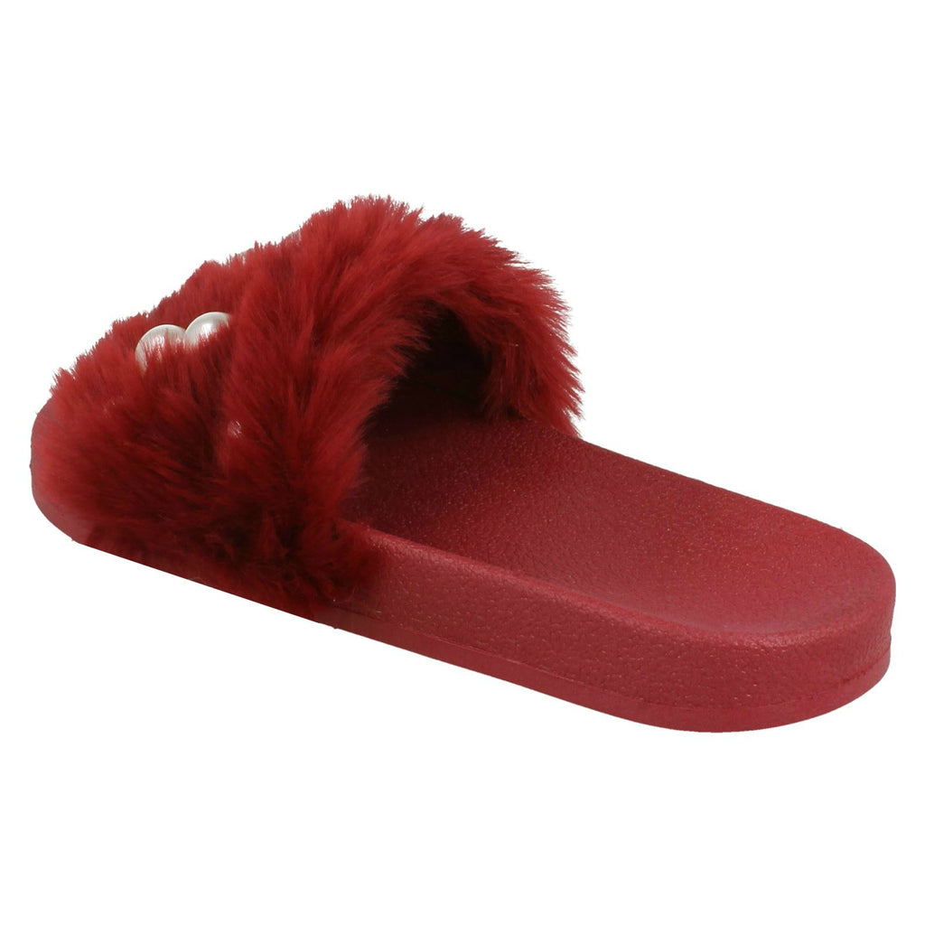 Ladies Spot On Pearl Trim Faux Fur Slider Style Sandals
