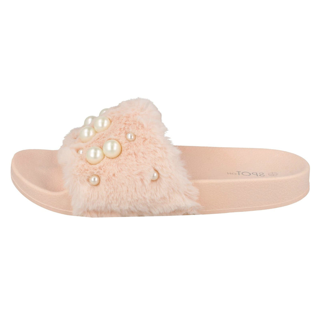 Ladies Spot On Pearl Trim Faux Fur Slider Style Sandals