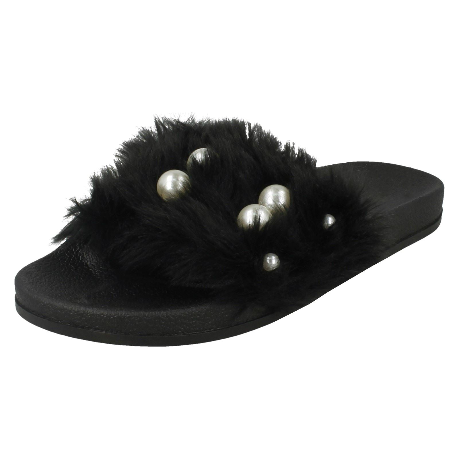Ladies Spot On Pearl Trim Faux Fur Slider Style Sandals
