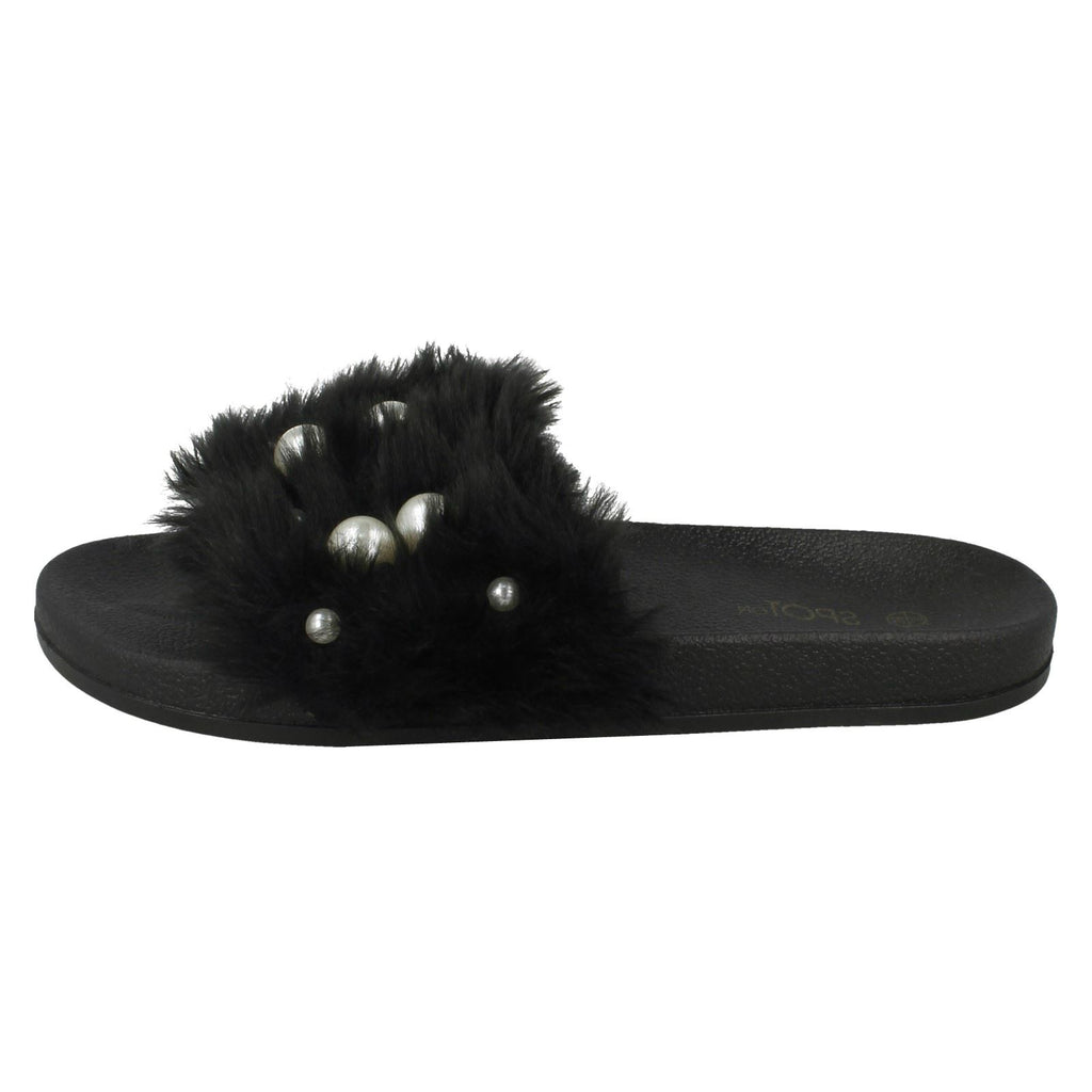 Ladies Spot On Pearl Trim Faux Fur Slider Style Sandals