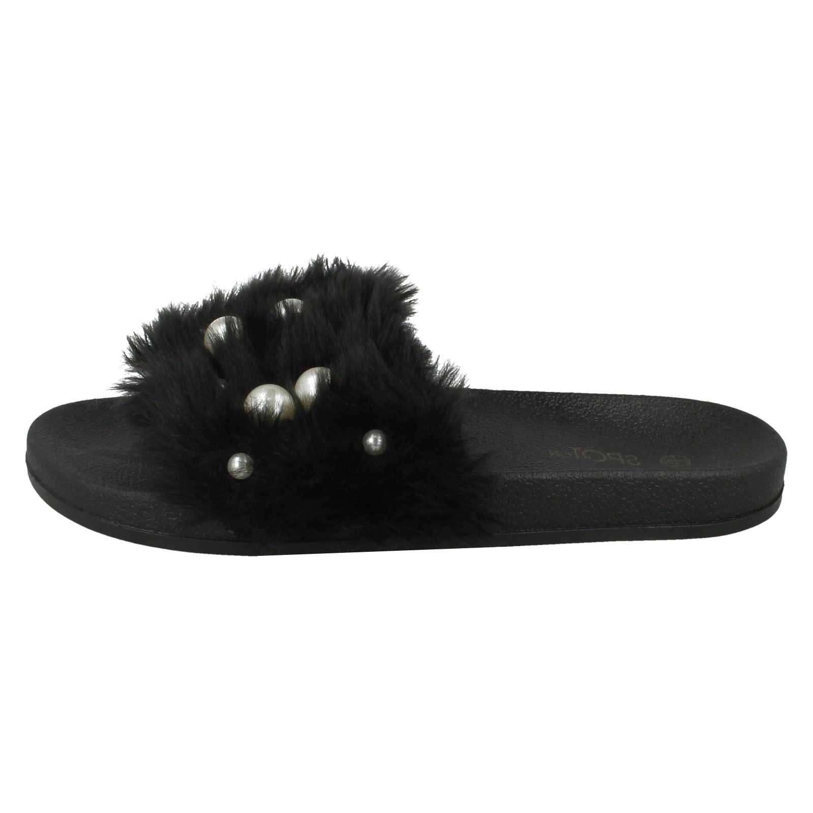 Ladies Spot On Pearl Trim Faux Fur Slider Style Sandals
