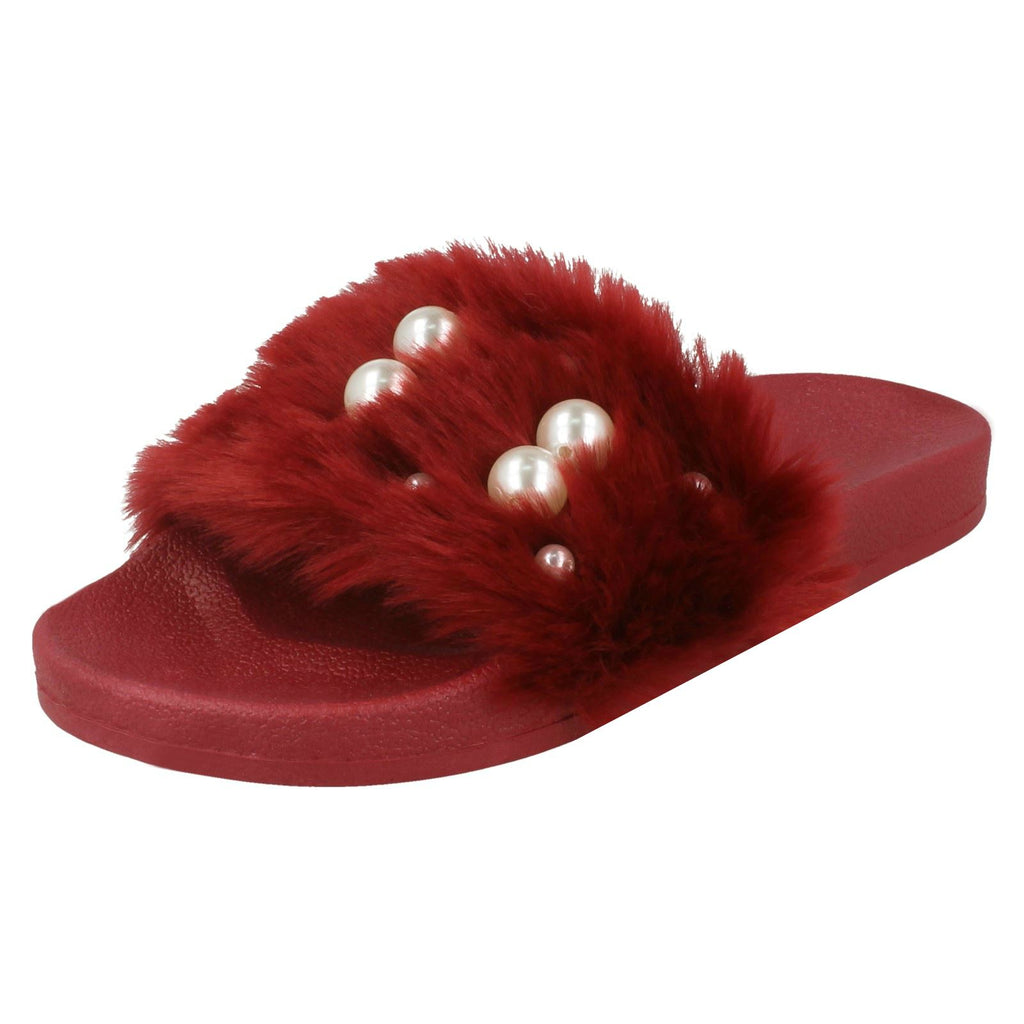 Ladies Spot On Pearl Trim Faux Fur Slider Style Sandals