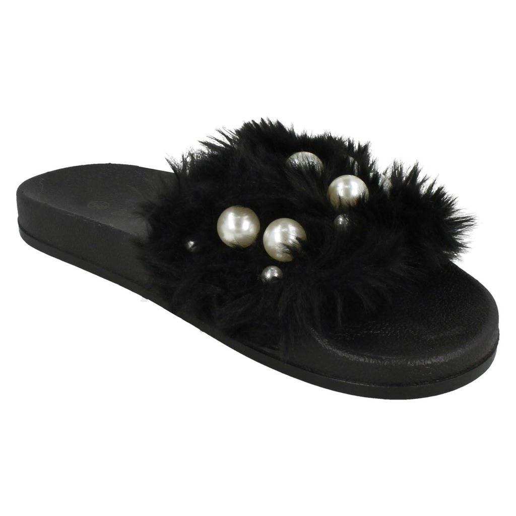 Ladies Spot On Pearl Trim Faux Fur Slider Style Sandals