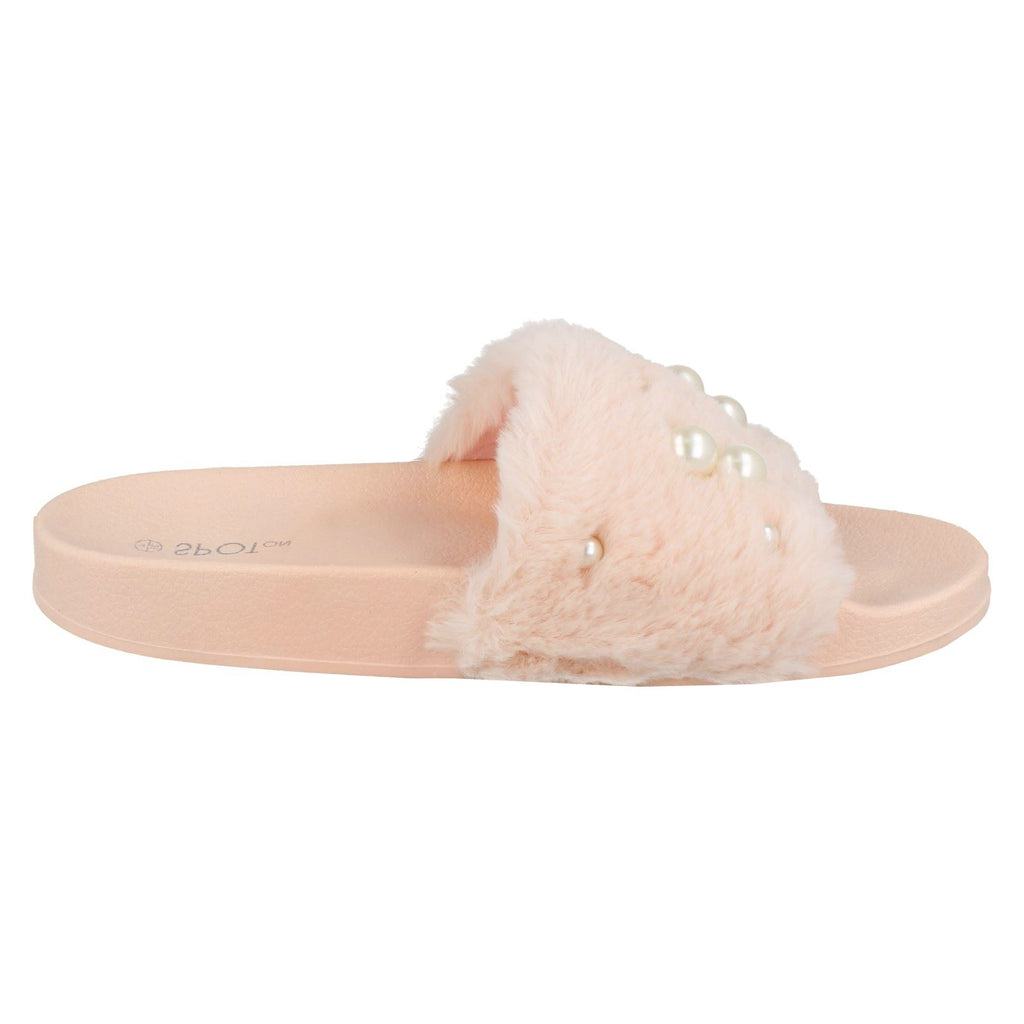 Ladies Spot On Pearl Trim Faux Fur Slider Style Sandals