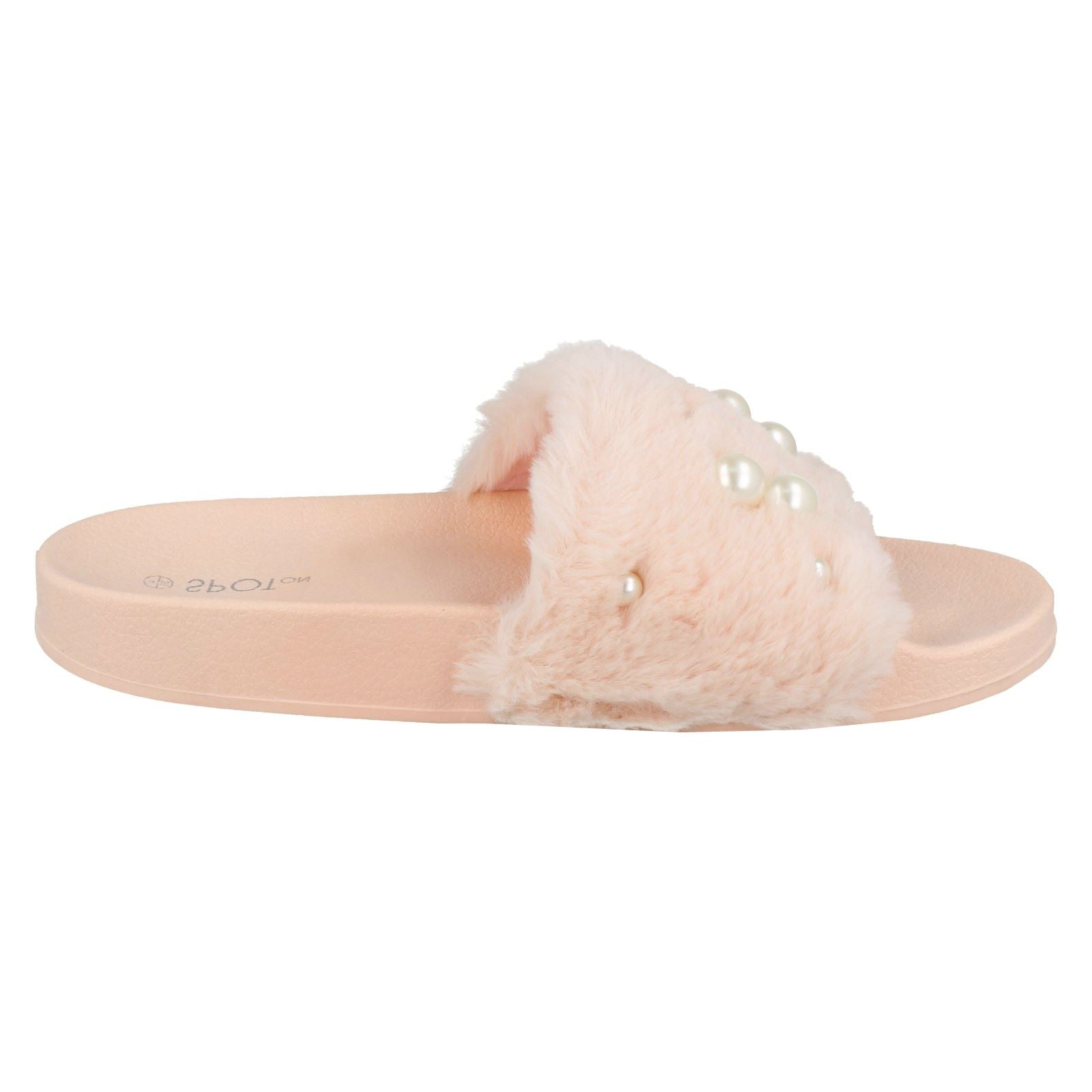 Ladies Spot On Pearl Trim Faux Fur Slider Style Sandals