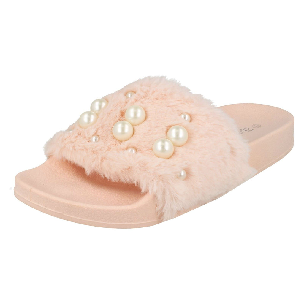 Ladies Spot On Pearl Trim Faux Fur Slider Style Sandals