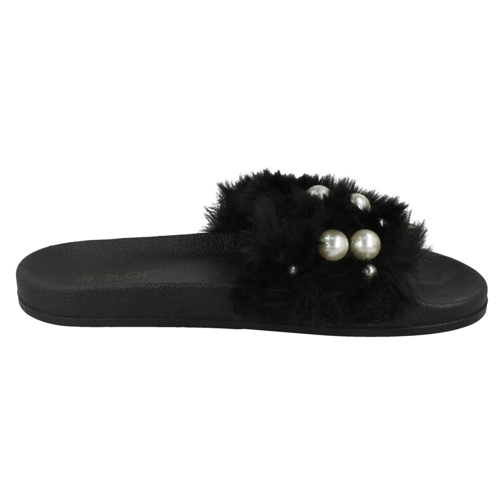 Ladies Spot On Pearl Trim Faux Fur Slider Style Sandals