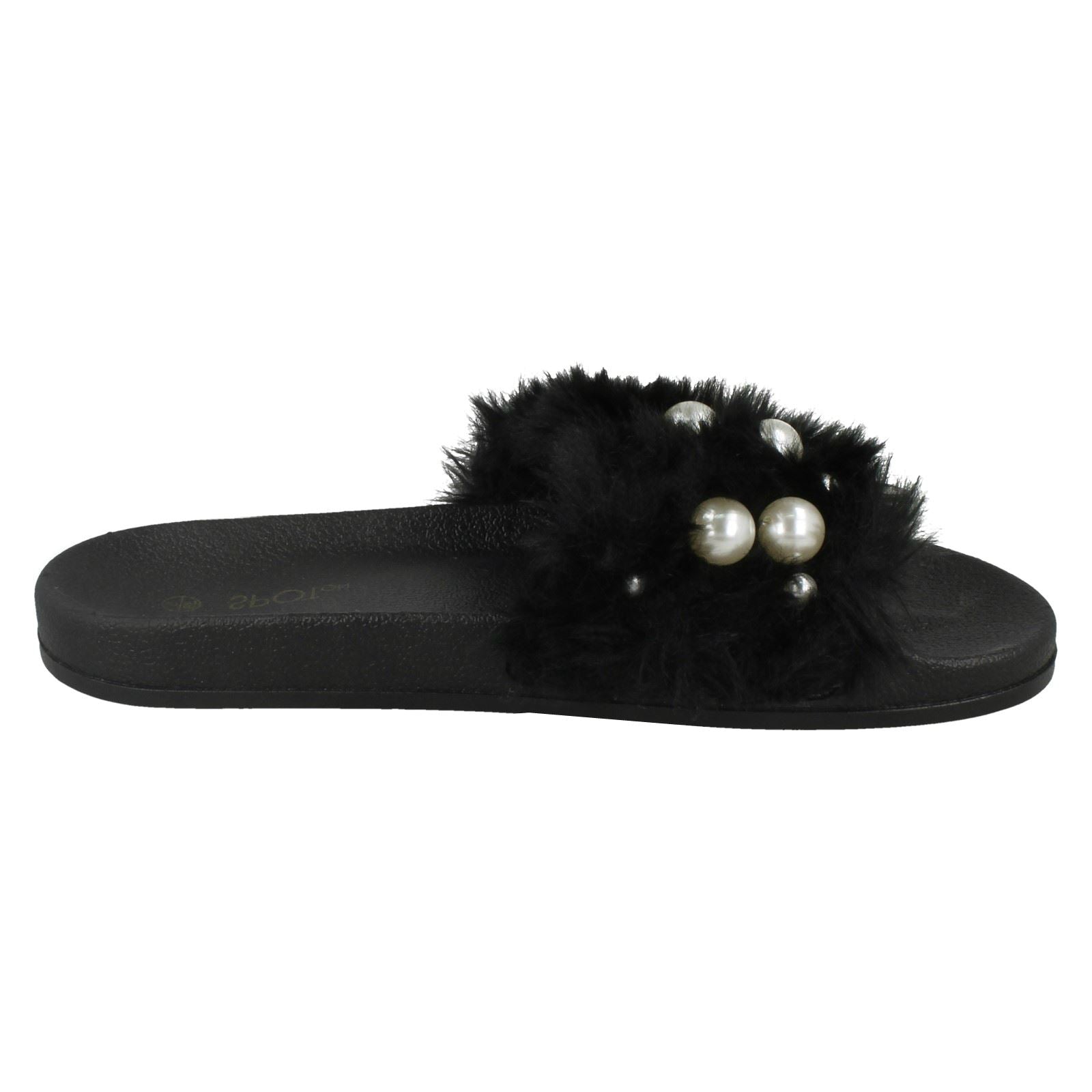 Ladies Spot On Pearl Trim Faux Fur Slider Style Sandals