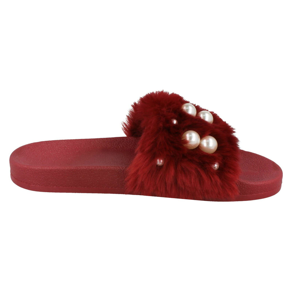 Ladies Spot On Pearl Trim Faux Fur Slider Style Sandals