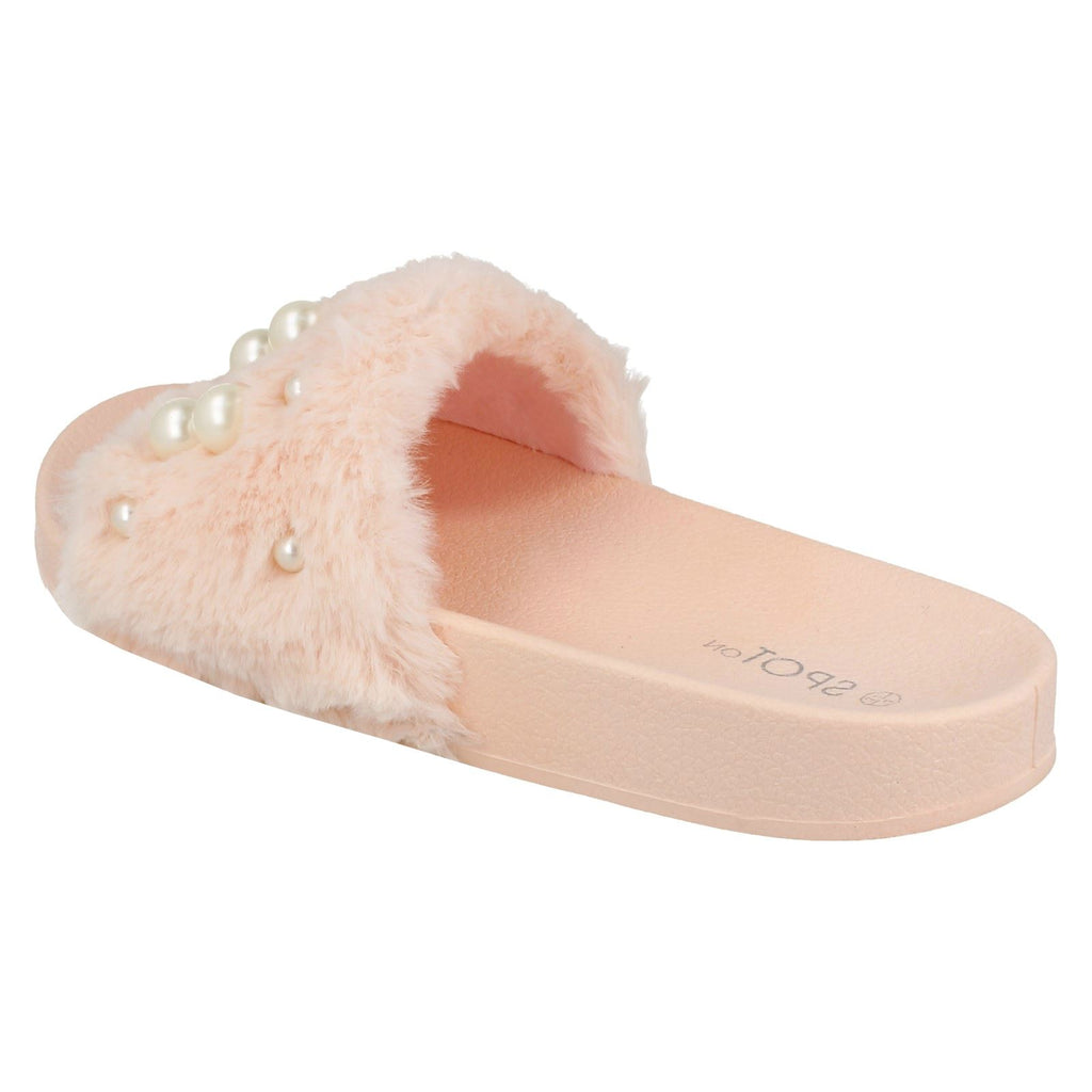 Ladies Spot On Pearl Trim Faux Fur Slider Style Sandals