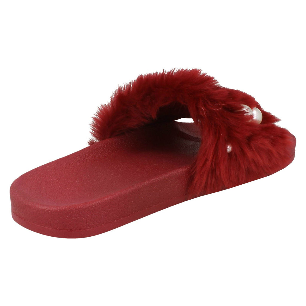 Ladies Spot On Pearl Trim Faux Fur Slider Style Sandals