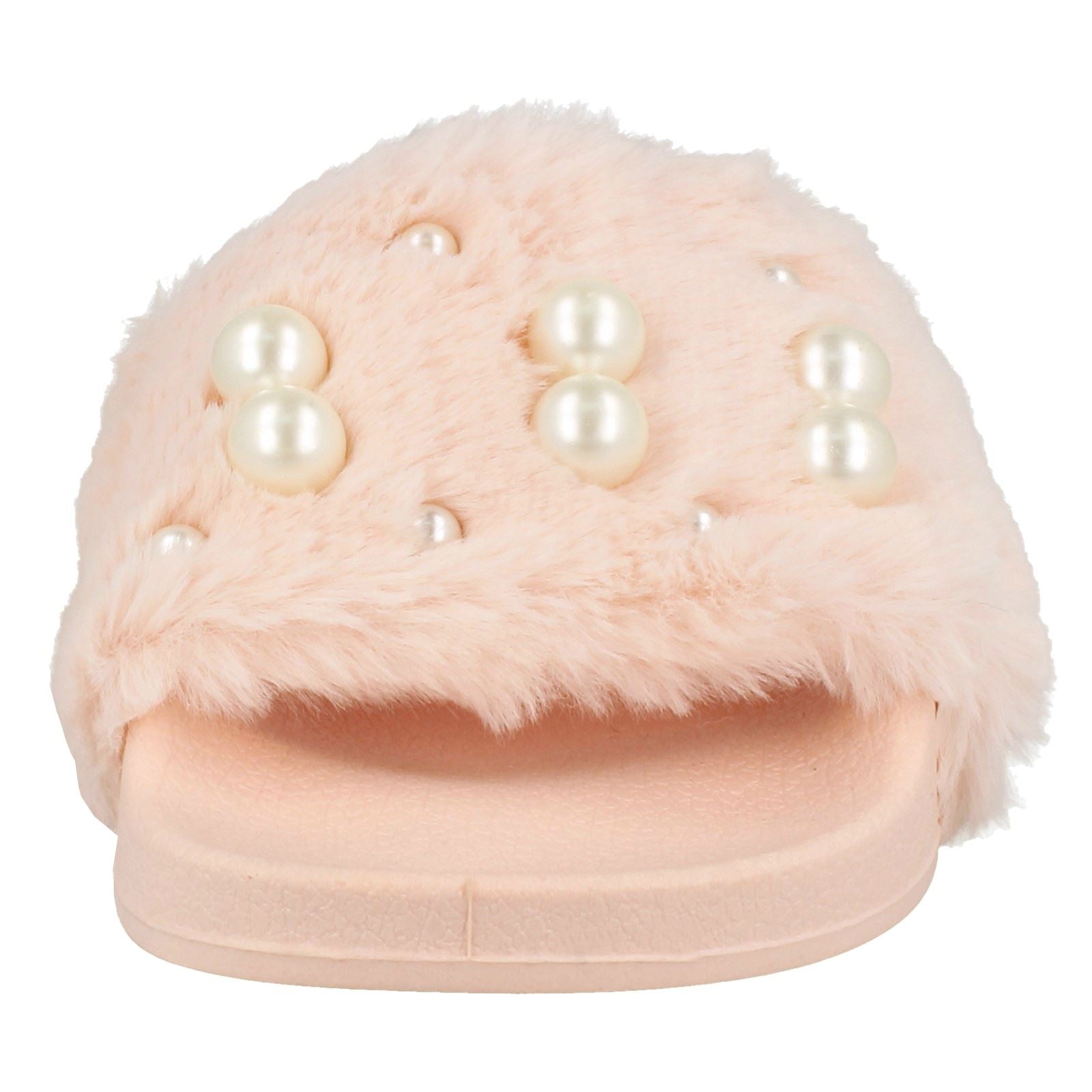 Ladies Spot On Pearl Trim Faux Fur Slider Style Sandals