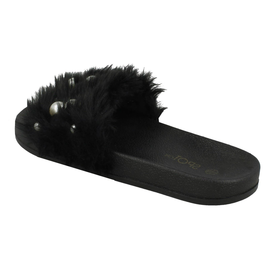 Ladies Spot On Pearl Trim Faux Fur Slider Style Sandals