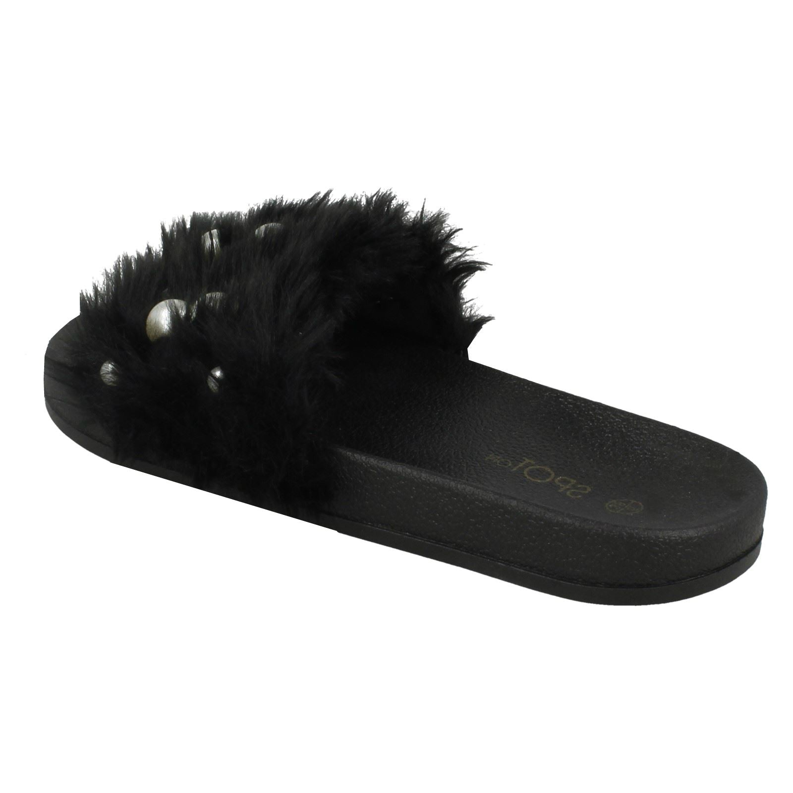 Ladies Spot On Pearl Trim Faux Fur Slider Style Sandals