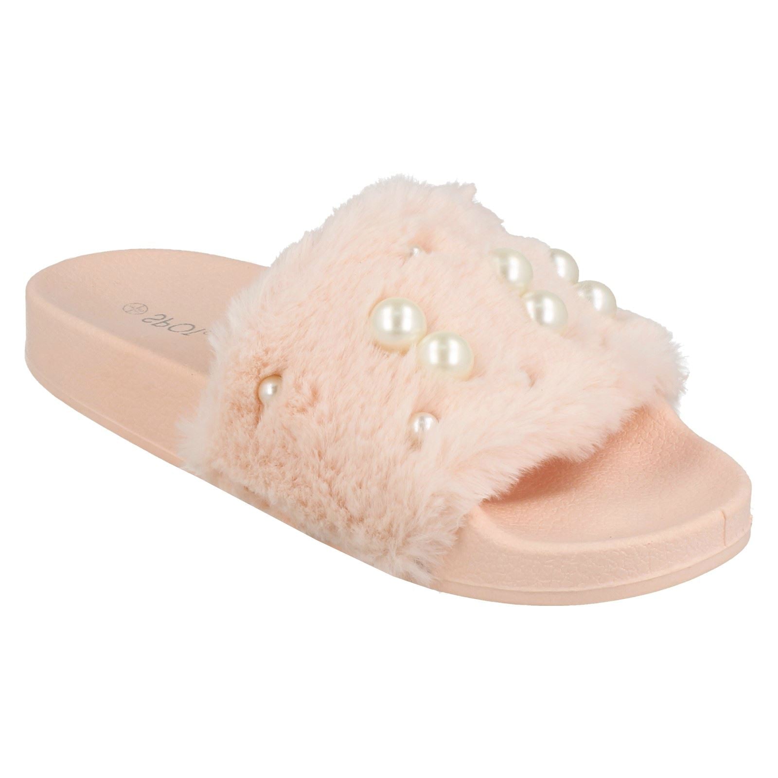 Ladies Spot On Pearl Trim Faux Fur Slider Style Sandals