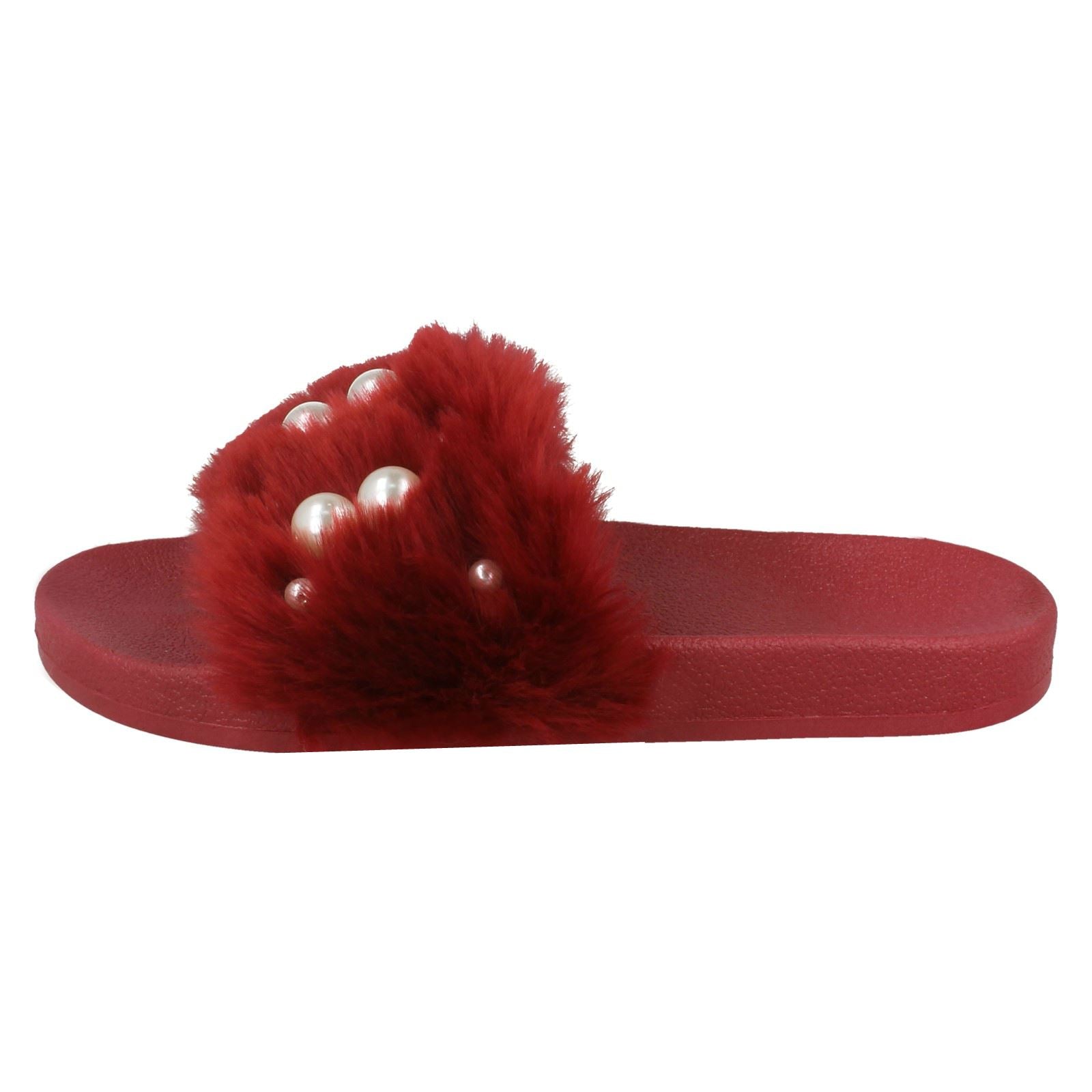 Ladies Spot On Pearl Trim Faux Fur Slider Style Sandals
