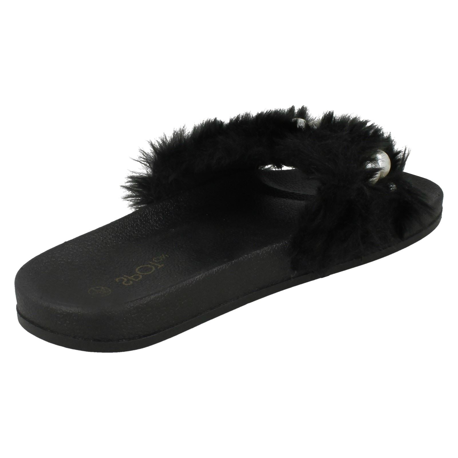 Ladies Spot On Pearl Trim Faux Fur Slider Style Sandals