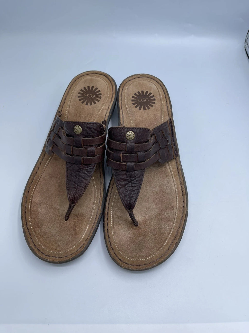 UGG Sandals Women’s Size 10 Woven Brown Leather Slide Style