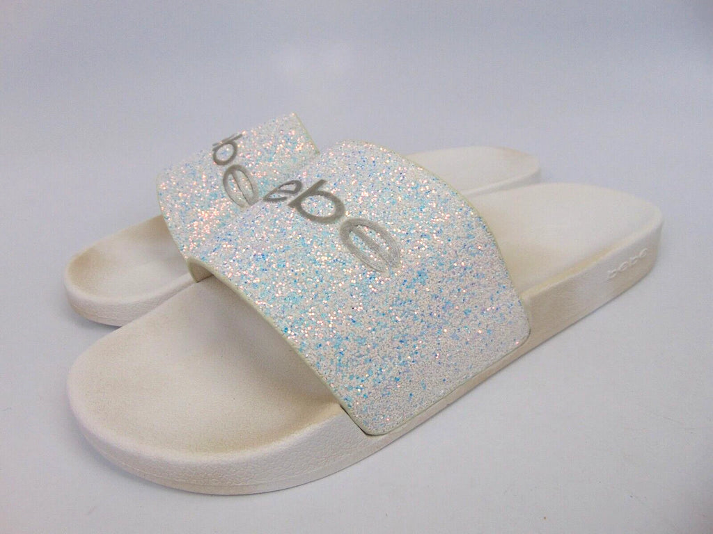 Bebe Womens Fraida Glitter Slide Fashion Sandals Flats Size 11.0 M, White Glitte