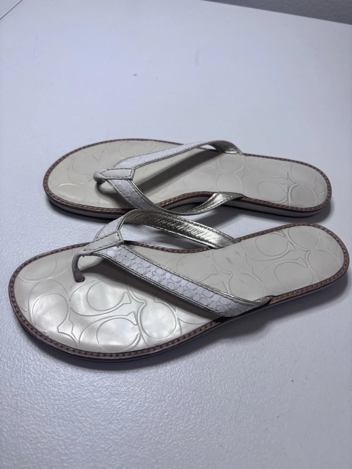 Coach Women's Thong Sandal Size 6 Metallic Sliver Leather Slip On Slide Flat