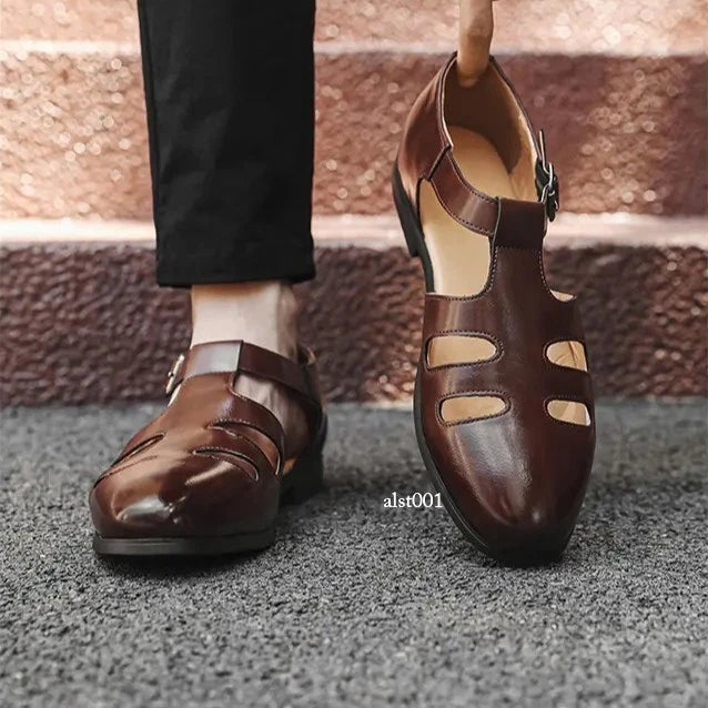 Roman Style Mens Closed Toe Sandals Hollow Out Buckle Flat Business Formal Dress
