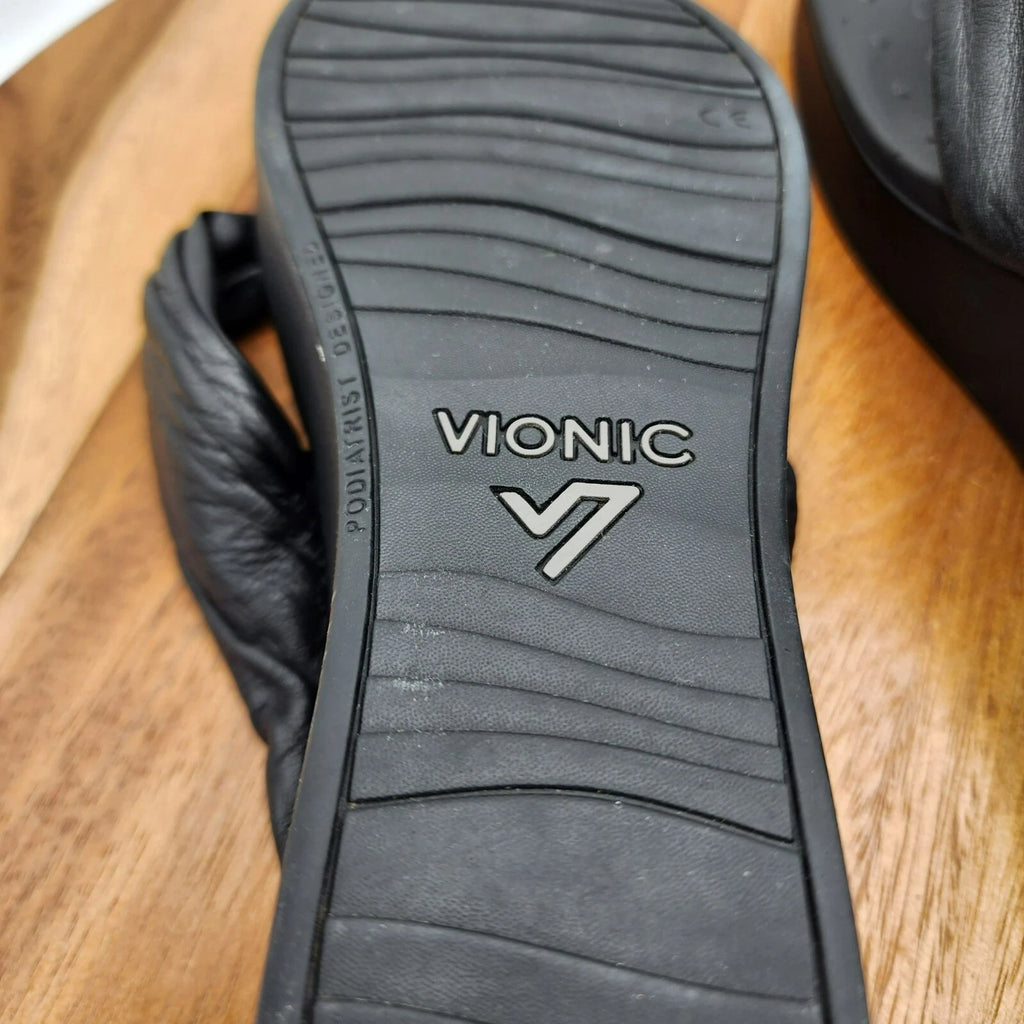 Vionic Arabella Thong Wedge Sandals 11 Black Leather Flip Flop Platform Support