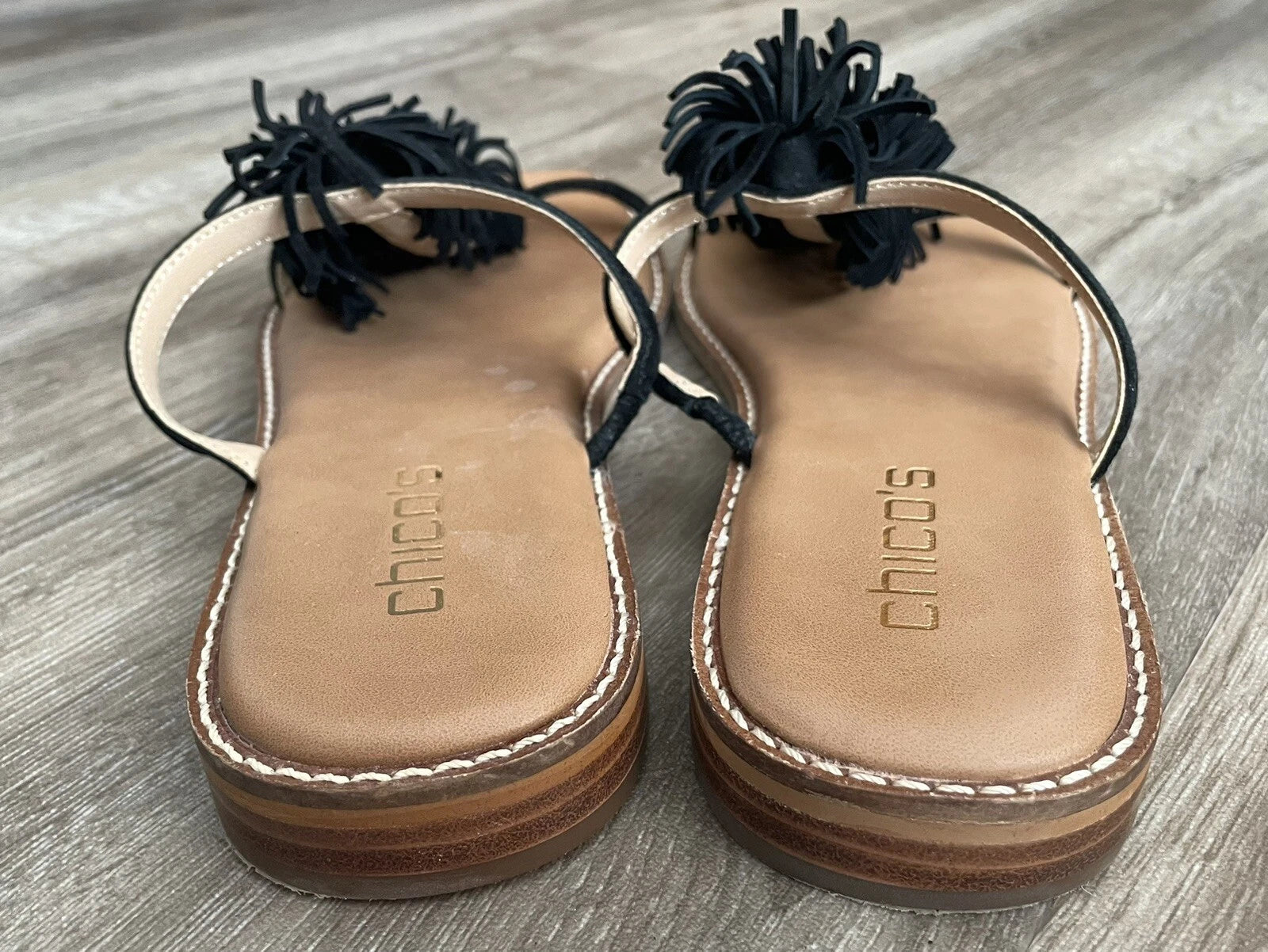 CHICO’S Delray Black Leather Suede Fringe Slide Sandals Shoes - Women’s Size 8