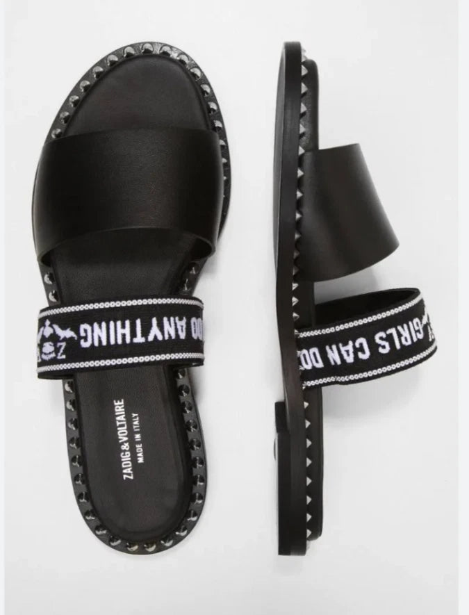 ZADIG & VOLTAIRE Field Words Slide Women's Sandals Sz EU 37- Black/White