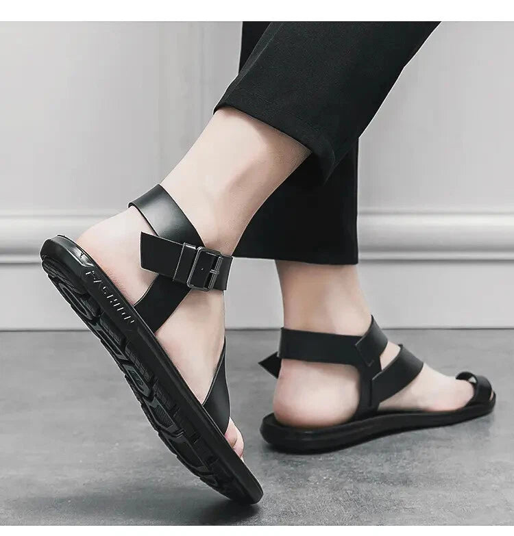 38-45 Mens Sandals Roman Style Ring Toe Slingback PU Leather Summer Casual Flats
