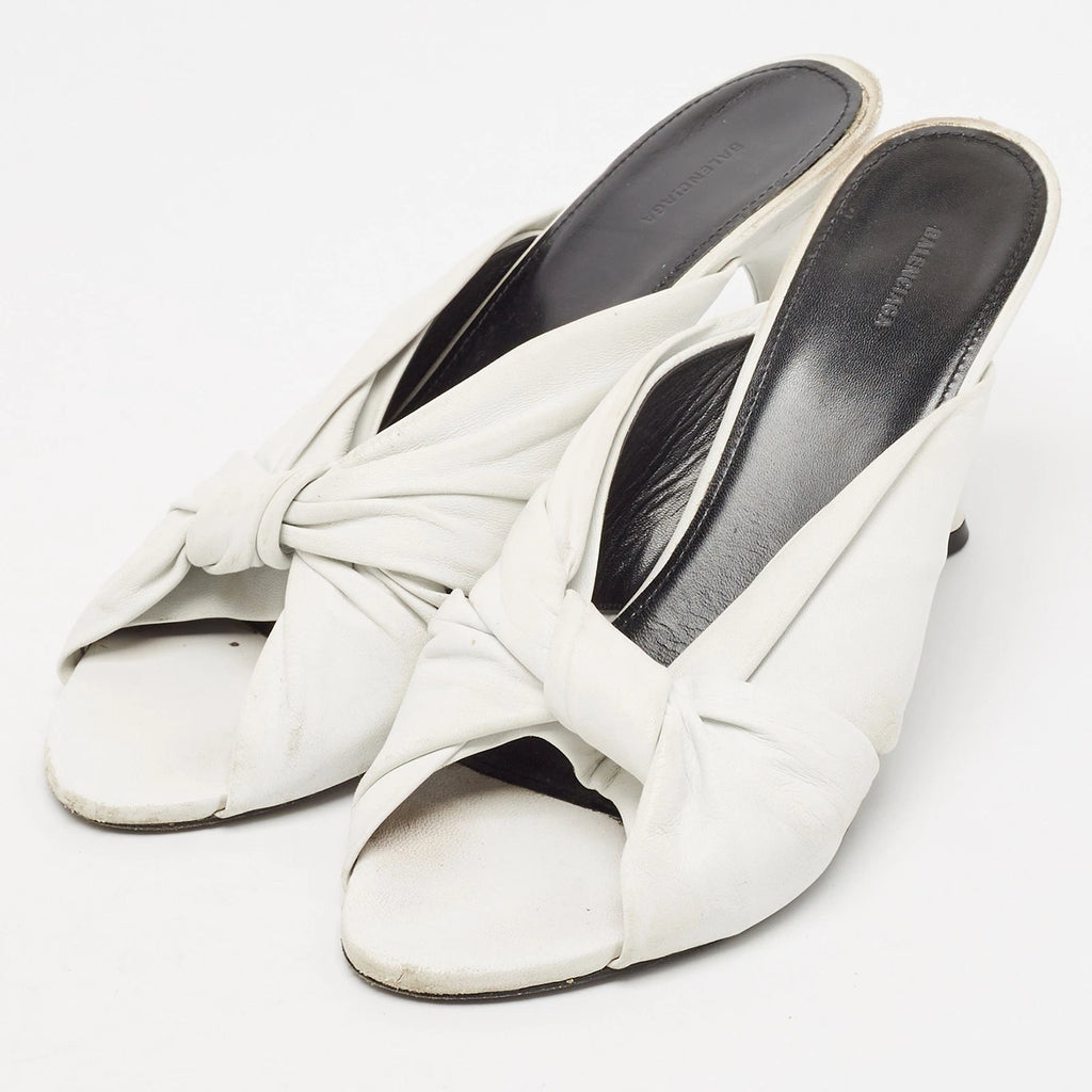 Balenciaga White Leather Knot Open Toe Slide Sandals Size 40.5