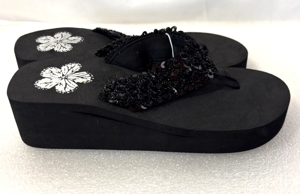 Wedge Sandals Women Flip Flops Rhinestone Sparkle Black Beaded Floral Size 9/10