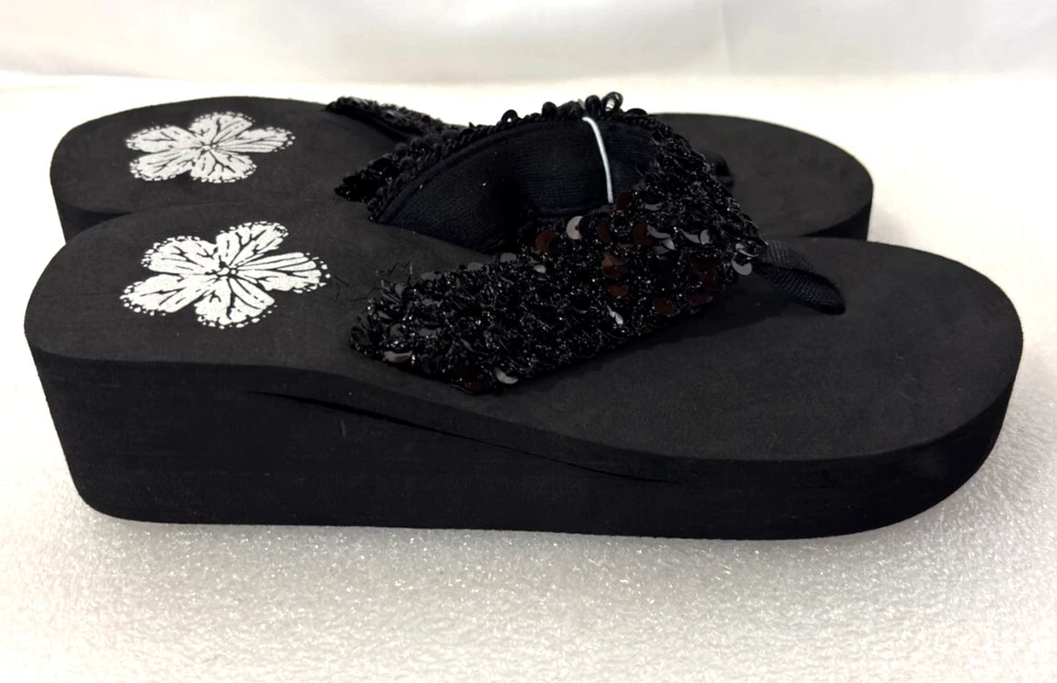Wedge Sandals Women Flip Flops Rhinestone Sparkle Black Beaded Floral Size 9/10
