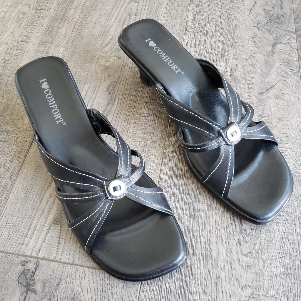 I Love Comfort PAIGE Black Leather Sandals Style 47853 Kitten Heels Women’s 10M