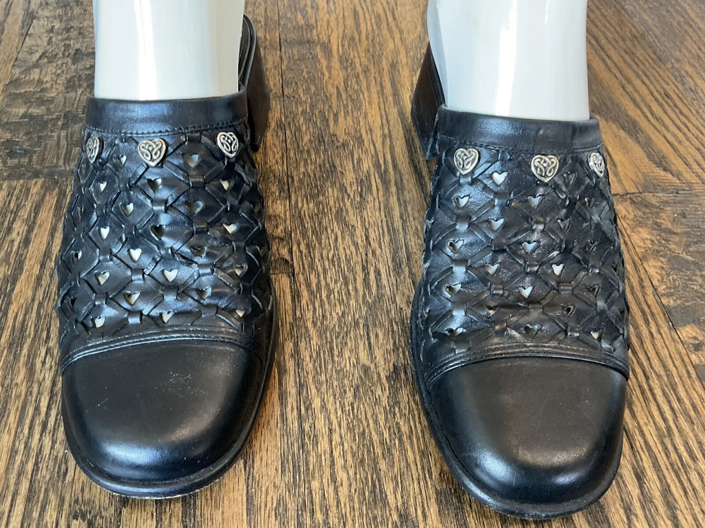 Brighton Fanny  Block Heel Slide Woven Black Leather Shoe Mule Women's Size 8 M