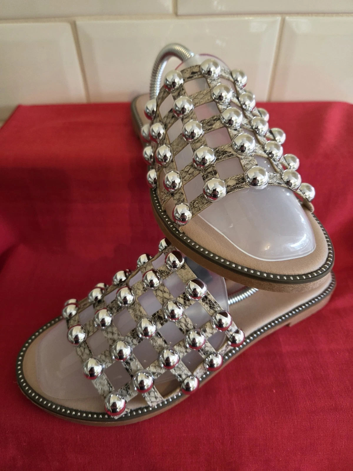 Women's Natural Snake Effect Slides Flip Flops With Chrome Studding Size 6