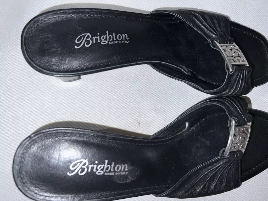 BRIGHTON Shoes Women's Size 7.5 Black Leather Silver Accent TARRAH Sandals Heels
