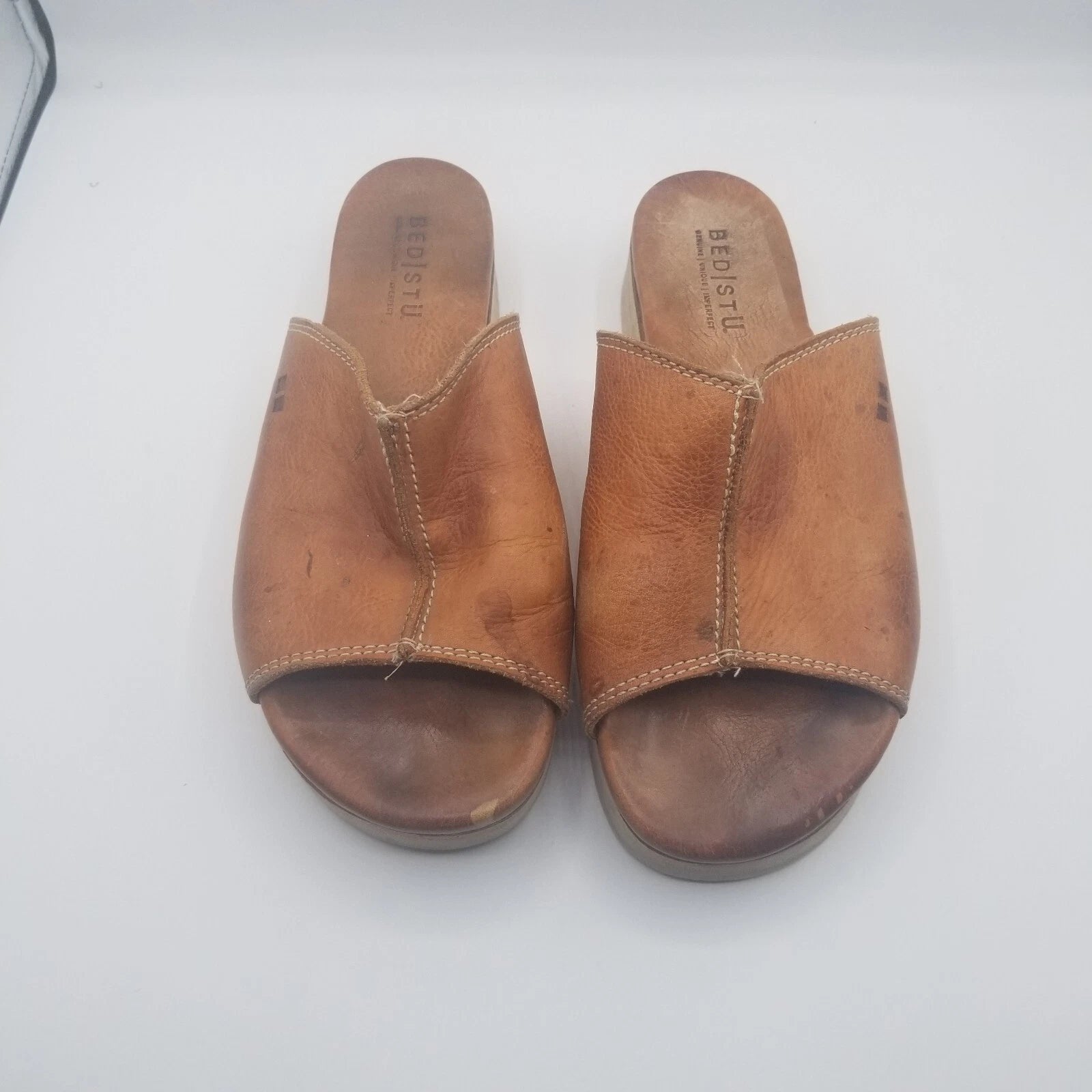Bed Stu Fairlee II Platform Sandals Brown Distressed Leather Slide Womens Sz 9.5