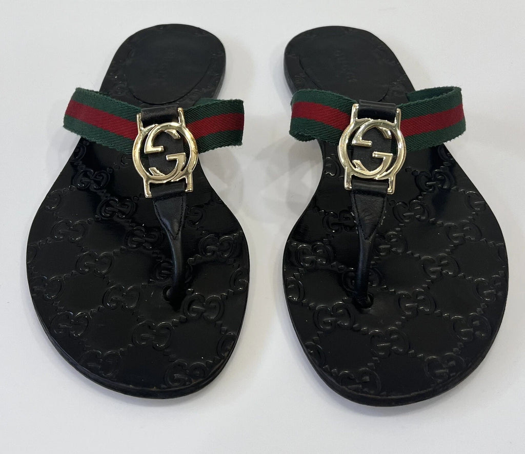 Gucci GG Web Stripe Thong Sandals EU 36 US 6 Black Flat Flip Flop Slide Slipper